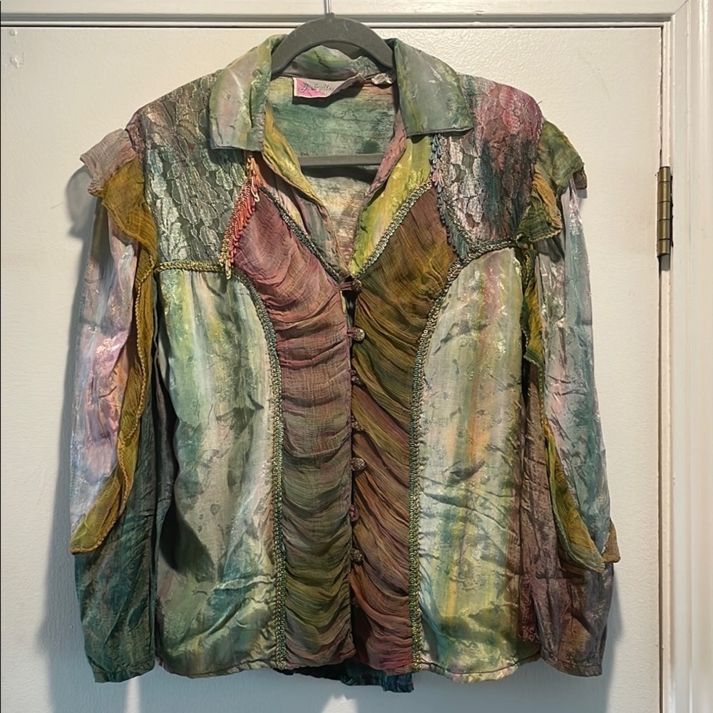 Jakelin Sport Romantic Textural Watercolor Blazer Ruched Front Metal Button Down